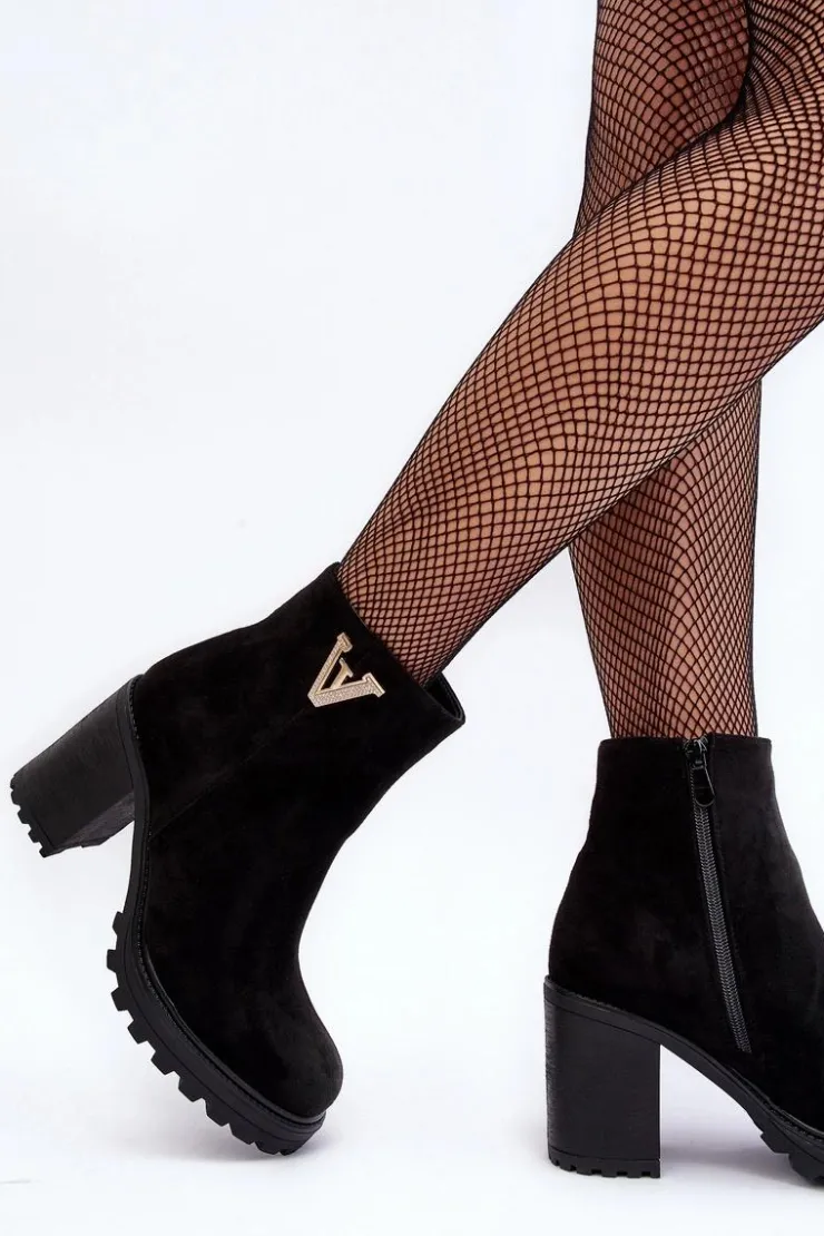 Boto Botki Wiosenne|Botki Ocieplane*Damskie Zamszowe Botki Na Słupku Z Ozdobą Czarne Strong Czarny