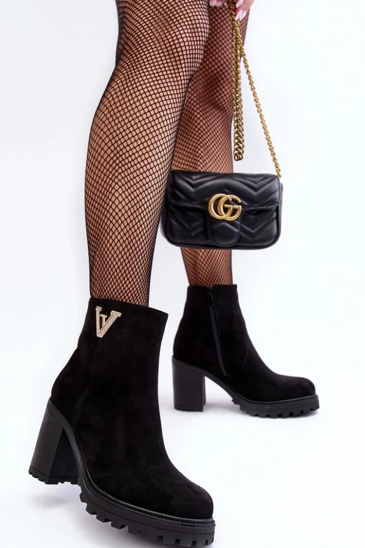 Boto Botki Wiosenne|Botki Ocieplane*Damskie Zamszowe Botki Na Słupku Z Ozdobą Czarne Strong Czarny