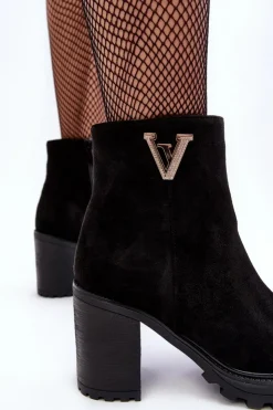 Boto Botki Wiosenne|Botki Ocieplane*Damskie Zamszowe Botki Na Słupku Z Ozdobą Czarne Strong Czarny