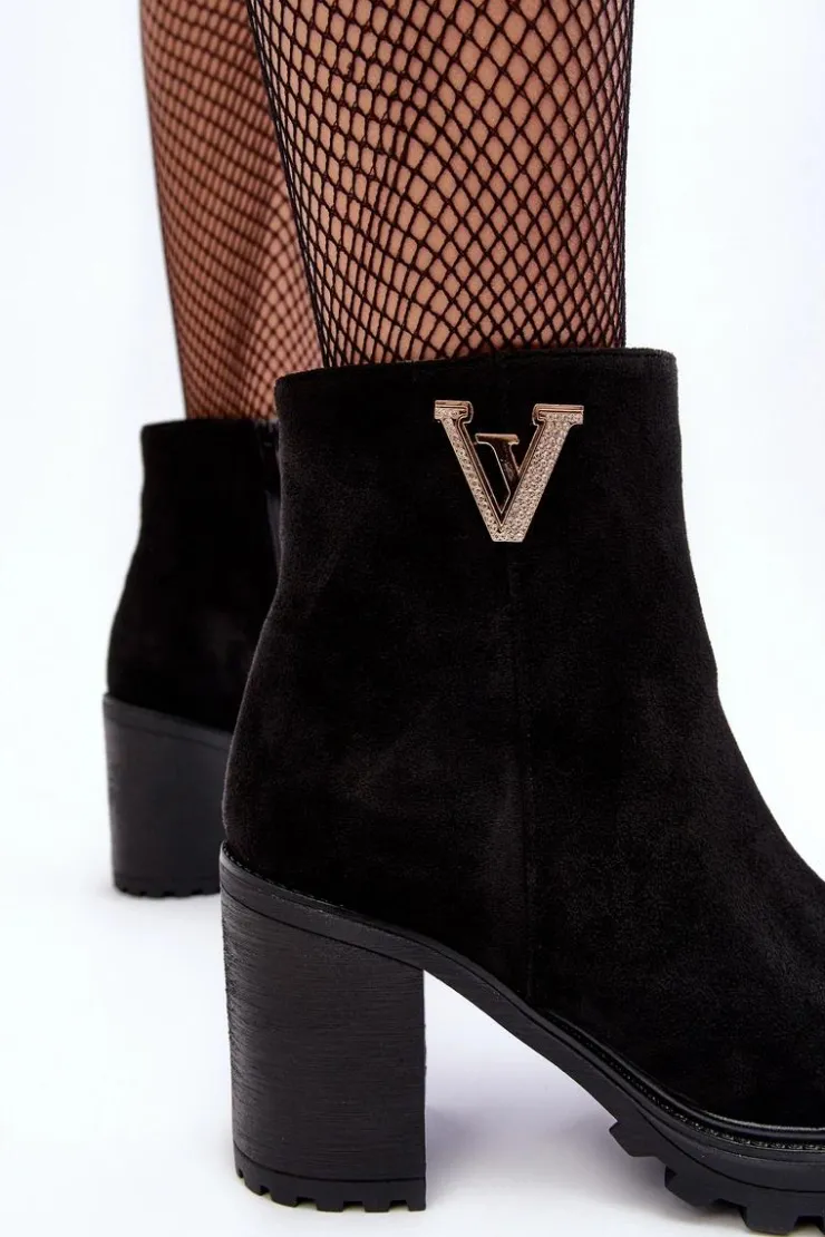 Boto Botki Wiosenne|Botki Ocieplane*Damskie Zamszowe Botki Na Słupku Z Ozdobą Czarne Strong Czarny