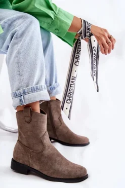 Damskie buty S.Barski Botki Wiosenne|Czarne Botki*Damskie Zamszowe Botki Na Płaskim Obcasie Ciemnoszary Fiorenz