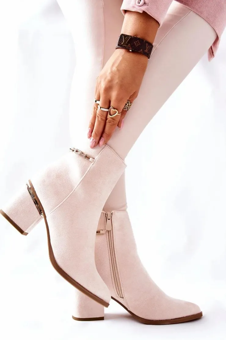Damskie Boto Damskie Zamszowe Botki Na Słupku Beżowe One Step