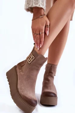 Damskie Boto Damskie Zamszowe Botki Na Masywnej Platformie Jasnobrązowe Savira