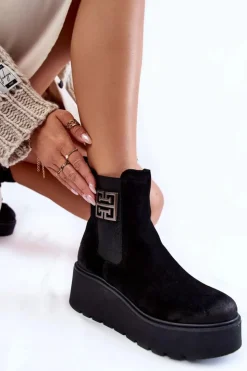 Boto Botki Na Koturnie|Czarne Botki*Damskie Zamszowe Botki Na Masywnej Platformie Czarne Lemar Savira