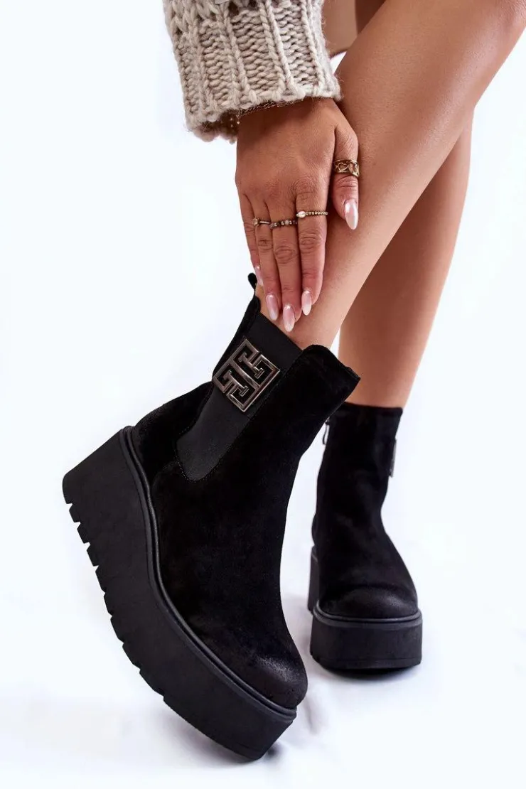 Boto Botki Na Koturnie|Czarne Botki*Damskie Zamszowe Botki Na Masywnej Platformie Czarne Lemar Savira