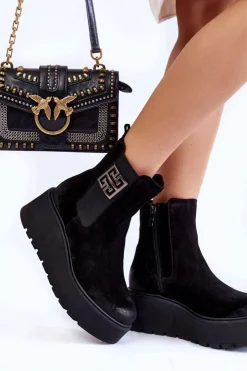 Boto Botki Na Koturnie|Czarne Botki*Damskie Zamszowe Botki Na Masywnej Platformie Czarne Lemar Savira