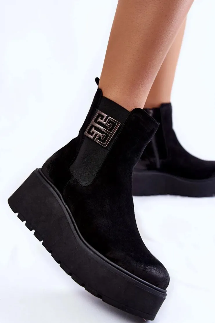 Boto Botki Na Koturnie|Czarne Botki*Damskie Zamszowe Botki Na Masywnej Platformie Czarne Lemar Savira