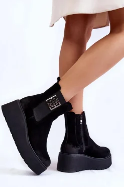 Boto Botki Na Koturnie|Czarne Botki*Damskie Zamszowe Botki Na Masywnej Platformie Czarne Lemar Savira