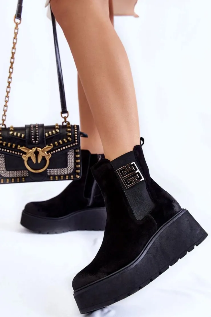 Boto Botki Na Koturnie|Czarne Botki*Damskie Zamszowe Botki Na Masywnej Platformie Czarne Lemar Savira