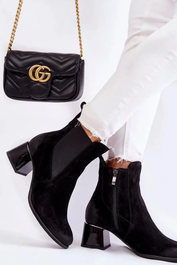 Outlet Boto Damskie Zamszowe Botki Na Obcasie Czarne Lemar Berit