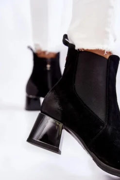 Outlet Boto Damskie Zamszowe Botki Na Obcasie Czarne Lemar Berit