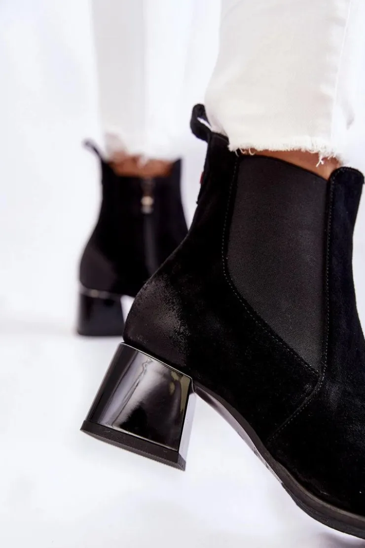 Outlet Boto Damskie Zamszowe Botki Na Obcasie Czarne Lemar Berit