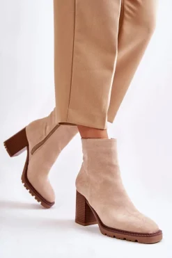 Damskie Boto Damskie Zamszowe Botki Na Słupku Z Suwakiem Beżowe Odette