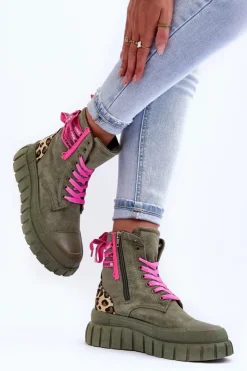 Boto Botki Sznurowane|Botki Płaskie*Damskie Zamszowe Botki Na Platformie Zielone Raftera