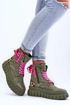 Boto Botki Sznurowane|Botki Płaskie*Damskie Zamszowe Botki Na Platformie Zielone Raftera