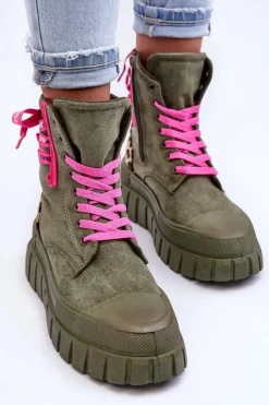 Boto Botki Sznurowane|Botki Płaskie*Damskie Zamszowe Botki Na Platformie Zielone Raftera