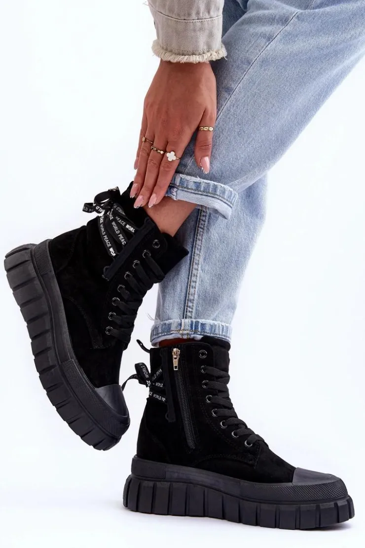 Boto Botki Sznurowane|Czarne Botki*Damskie Zamszowe Botki Na Platformie Czarne Raftera
