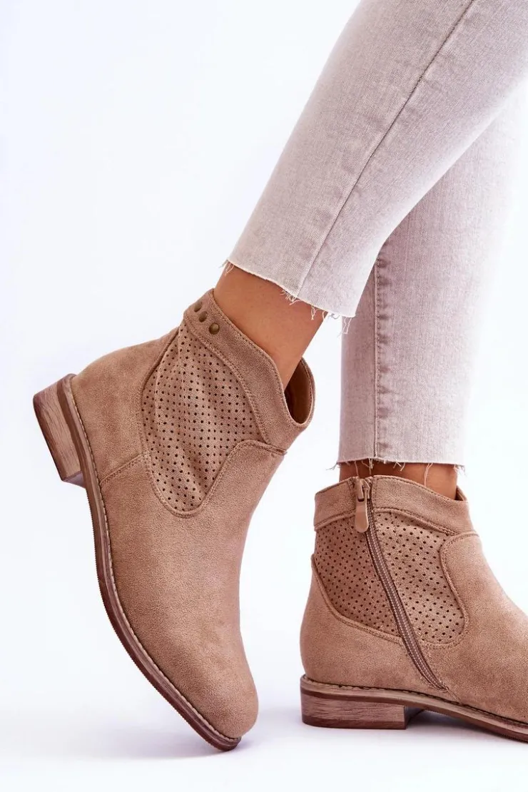 Damskie Damskie buty S.Barski Damskie Zamszowe Botki Na Płaskim Obcasie Beżowe Liana