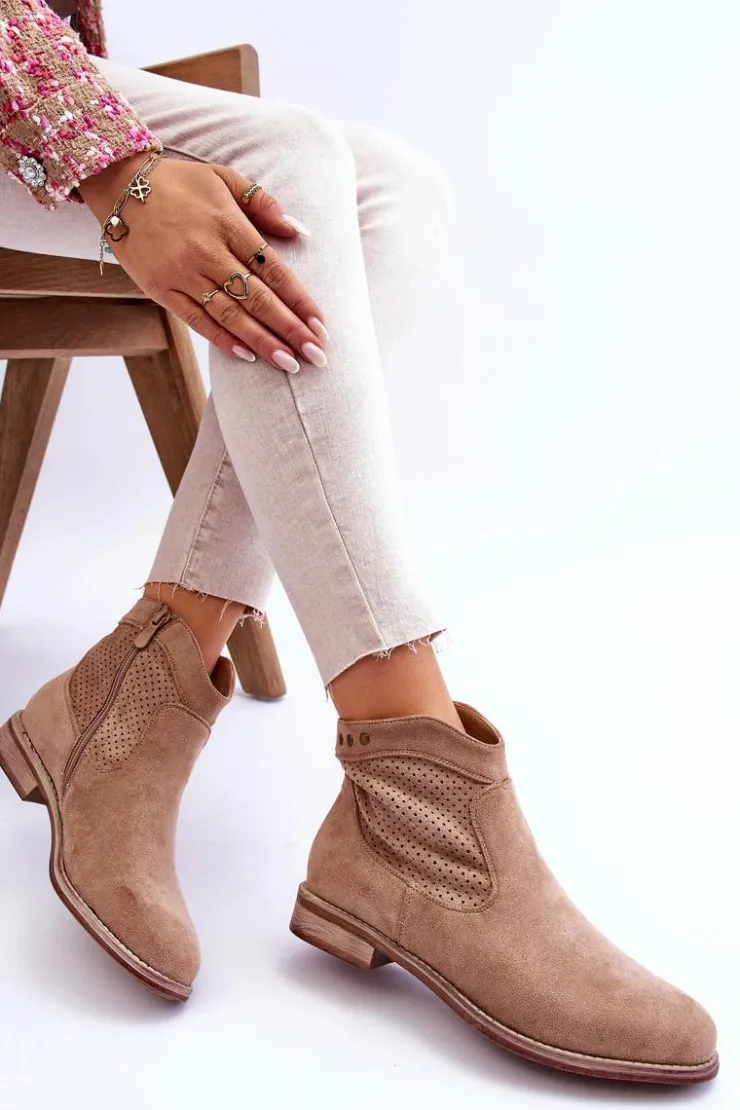 Damskie Damskie buty S.Barski Damskie Zamszowe Botki Na Płaskim Obcasie Beżowe Liana