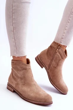 Damskie Damskie buty S.Barski Damskie Zamszowe Botki Na Płaskim Obcasie Beżowe Liana