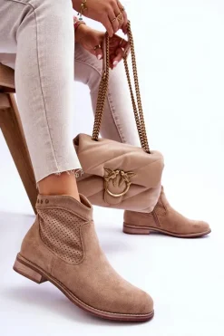 Damskie Damskie buty S.Barski Damskie Zamszowe Botki Na Płaskim Obcasie Beżowe Liana