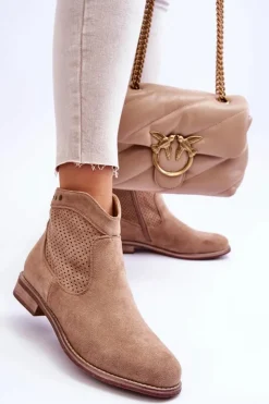 Damskie Damskie buty S.Barski Damskie Zamszowe Botki Na Płaskim Obcasie Beżowe Liana