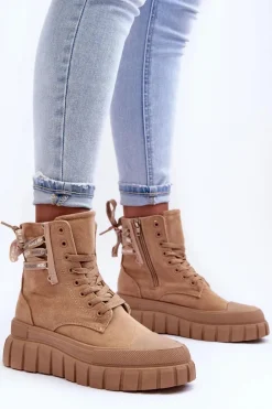 Boto Botki Sznurowane|Czarne Botki*Damskie Zamszowe Botki Na Platformie Beżowe Raftera