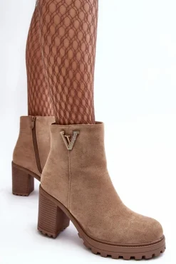 Damskie Boto Damskie Zamszowe Botki Na Słupku Z Ozdobą Beżowe Strong