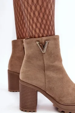 Damskie Boto Damskie Zamszowe Botki Na Słupku Z Ozdobą Beżowe Strong