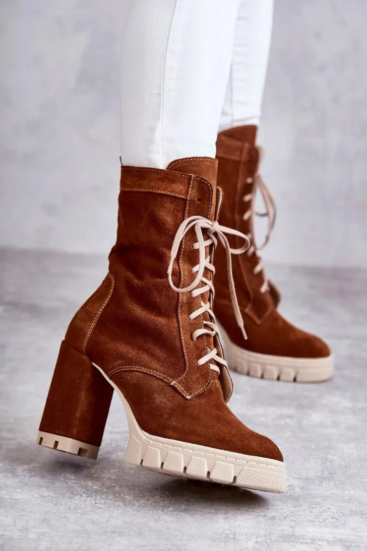 New Boto Damskie Zamszowe Botki Na Platformie Brązowe Edna Brązowy
