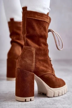 New Boto Damskie Zamszowe Botki Na Platformie Brązowe Edna Brązowy