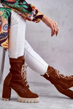 New Boto Damskie Zamszowe Botki Na Platformie Brązowe Edna Brązowy