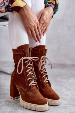 New Boto Damskie Zamszowe Botki Na Platformie Brązowe Edna Brązowy