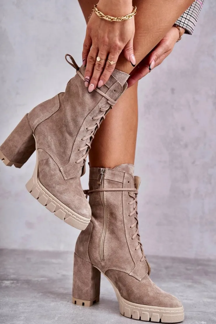 Clearance Boto Damskie Zamszowe Botki Na Platformie Beżowe Edna