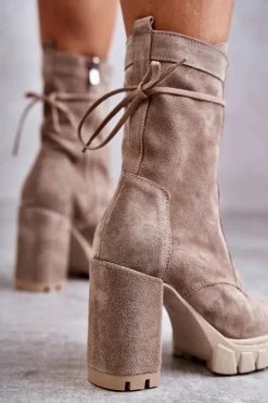 Clearance Boto Damskie Zamszowe Botki Na Platformie Beżowe Edna