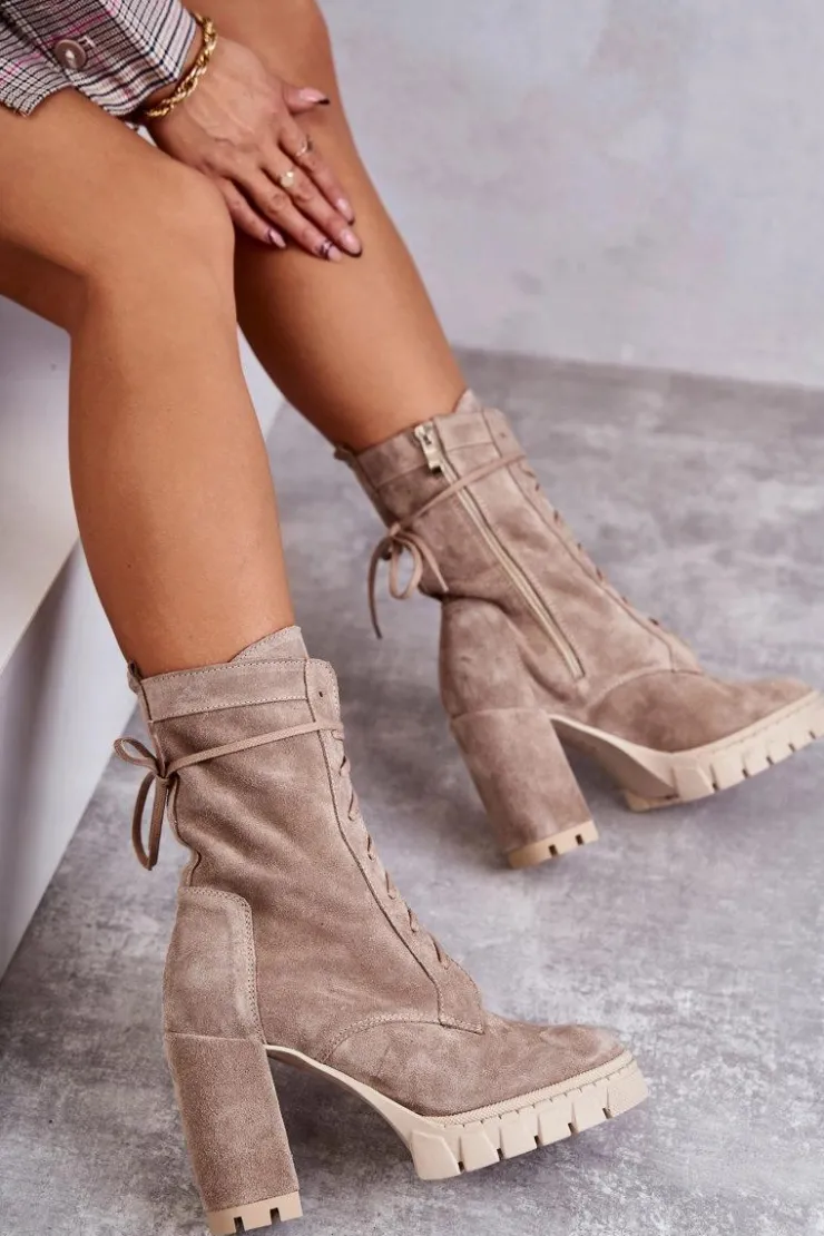 Clearance Boto Damskie Zamszowe Botki Na Platformie Beżowe Edna
