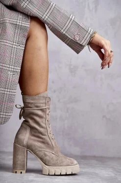 Clearance Boto Damskie Zamszowe Botki Na Platformie Beżowe Edna