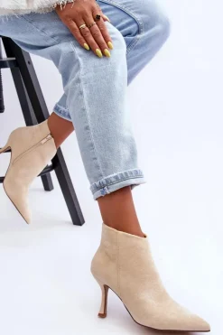 Damskie Boto Damskie Zamszowe Botki Na Szpilce Jasnobeżowe Merisa