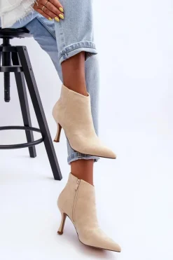 Damskie Boto Damskie Zamszowe Botki Na Szpilce Jasnobeżowe Merisa