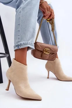 Damskie Boto Damskie Zamszowe Botki Na Szpilce Jasnobeżowe Merisa