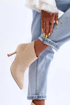 Damskie Boto Damskie Zamszowe Botki Na Szpilce Jasnobeżowe Merisa