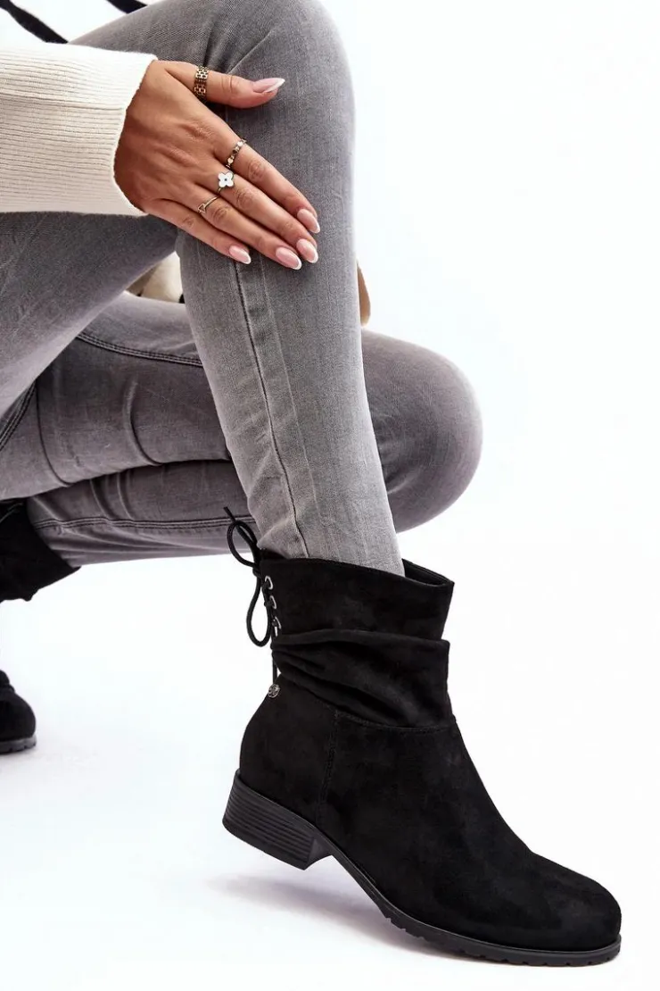 Damskie Evento Damskie Zamszowe Botki Na Płaskim Obcasie Czarne Keresa