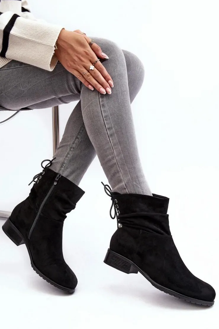 Damskie Evento Damskie Zamszowe Botki Na Płaskim Obcasie Czarne Keresa