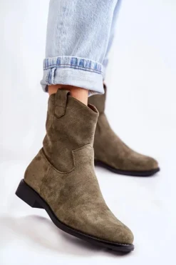 Hot Damskie buty S.Barski Damskie Zamszowe Botki Na Płaskim Obcasie Zielone Fiorenz