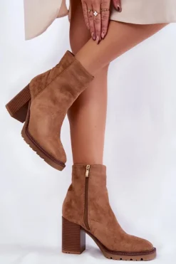 Damskie Boto Damskie Zamszowe Botki Na Słupku Z Suwakiem Camel Odette