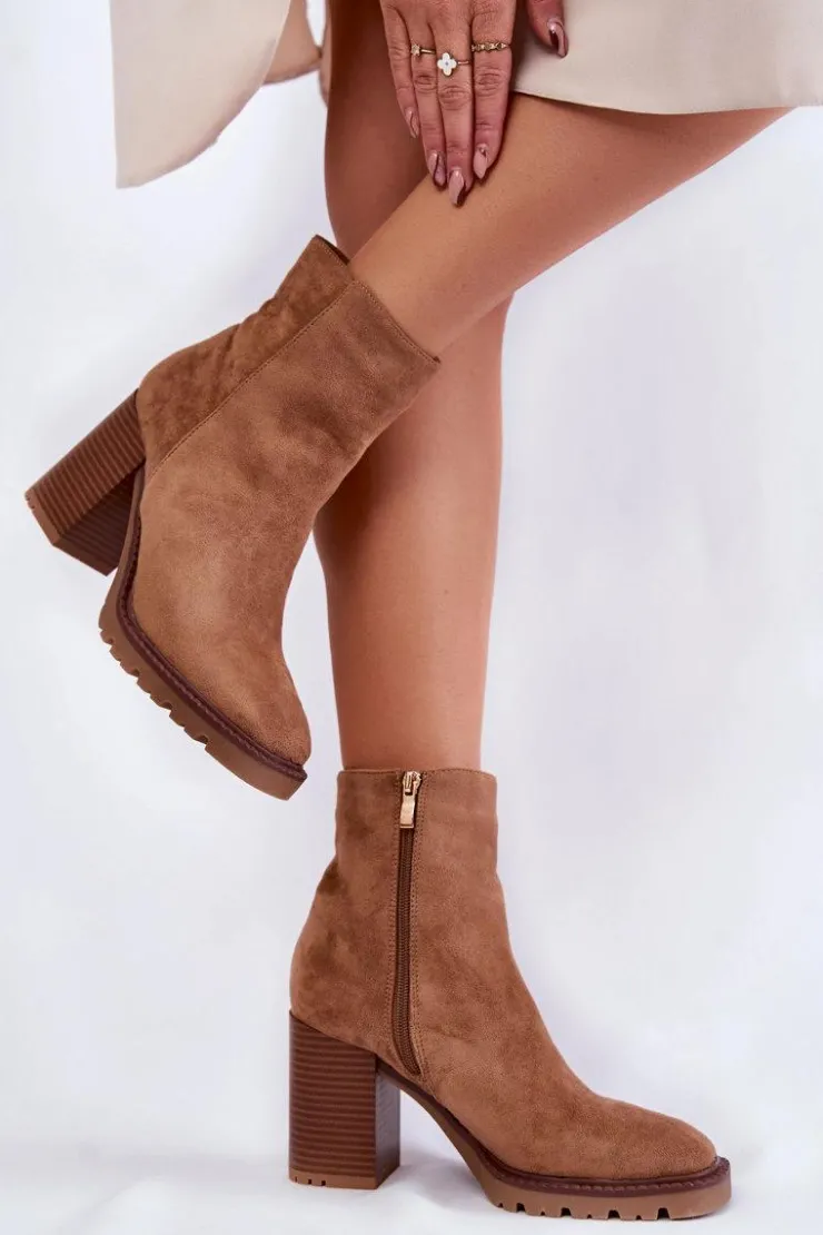 Damskie Boto Damskie Zamszowe Botki Na Słupku Z Suwakiem Camel Odette