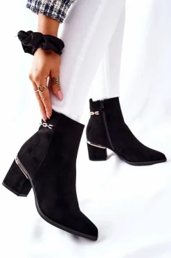 Outlet Boto Damskie Zamszowe Botki Na Słupku Czarne One Step