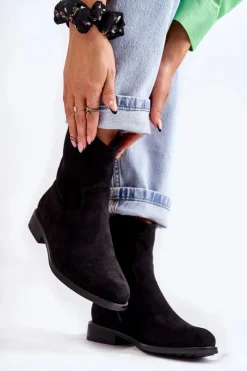 Damskie buty S.Barski Botki Wiosenne|Czarne Botki*Damskie Zamszowe Botki Na Płaskim Obcasie Czarne Fiorenz