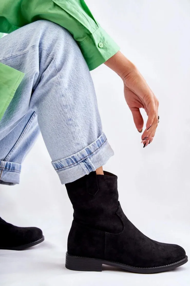 Damskie buty S.Barski Botki Wiosenne|Czarne Botki*Damskie Zamszowe Botki Na Płaskim Obcasie Czarne Fiorenz