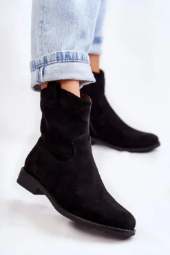 Damskie buty S.Barski Botki Wiosenne|Czarne Botki*Damskie Zamszowe Botki Na Płaskim Obcasie Czarne Fiorenz
